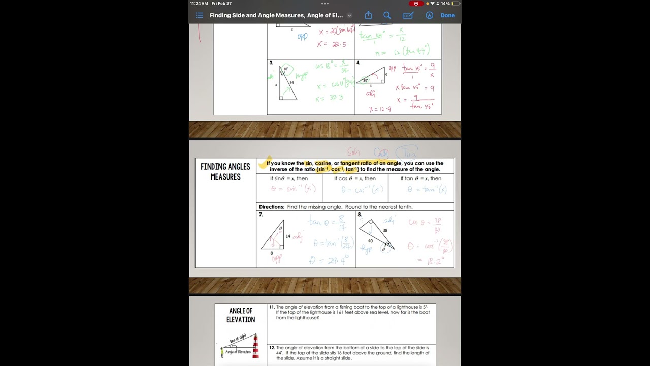 Finding sides and Angles, Angles of Elevation and Depression