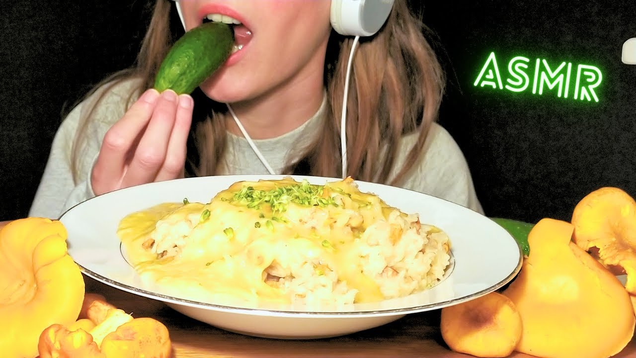 ASMR CREAMY CHEESY Mushroom Risotto + Cucumber (Mukbang|No Talking|Eating Sounds)