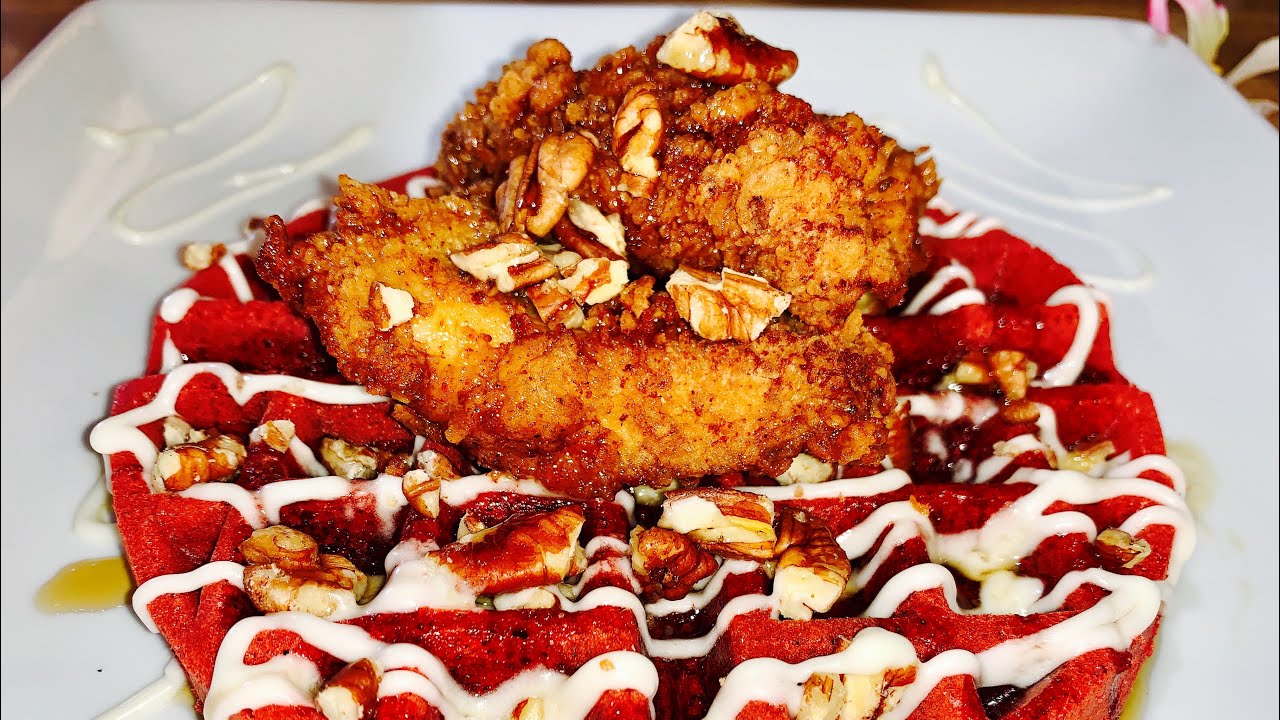 Red Velvet Waffles with Cream Cheese Glaze And Buttermilk Chicken