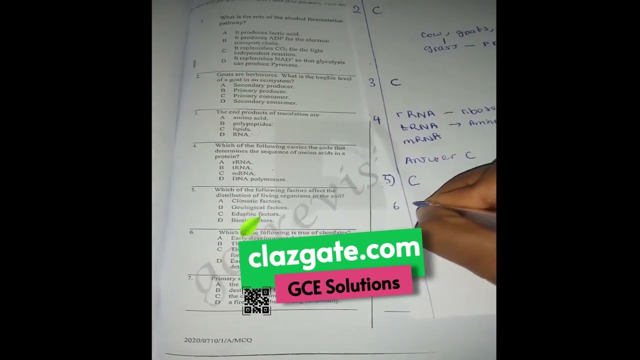 Solutions to Cameroon GCE Biology Advanced Level 2020 Paper 1 Questions