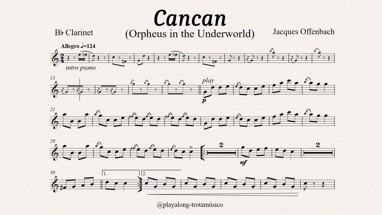 Clarinet Play Along - Cancan (Orpheus in the Underworld) Bb sheet music with Piano accompaniment