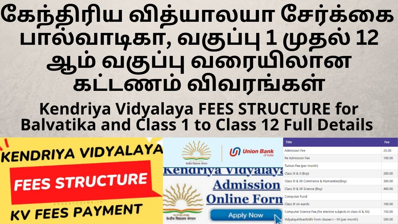 Kendriya Vidyalaya FEES STRUCTURE for Balvatika and Class 1 to Class 12 Full Details | TAMIL