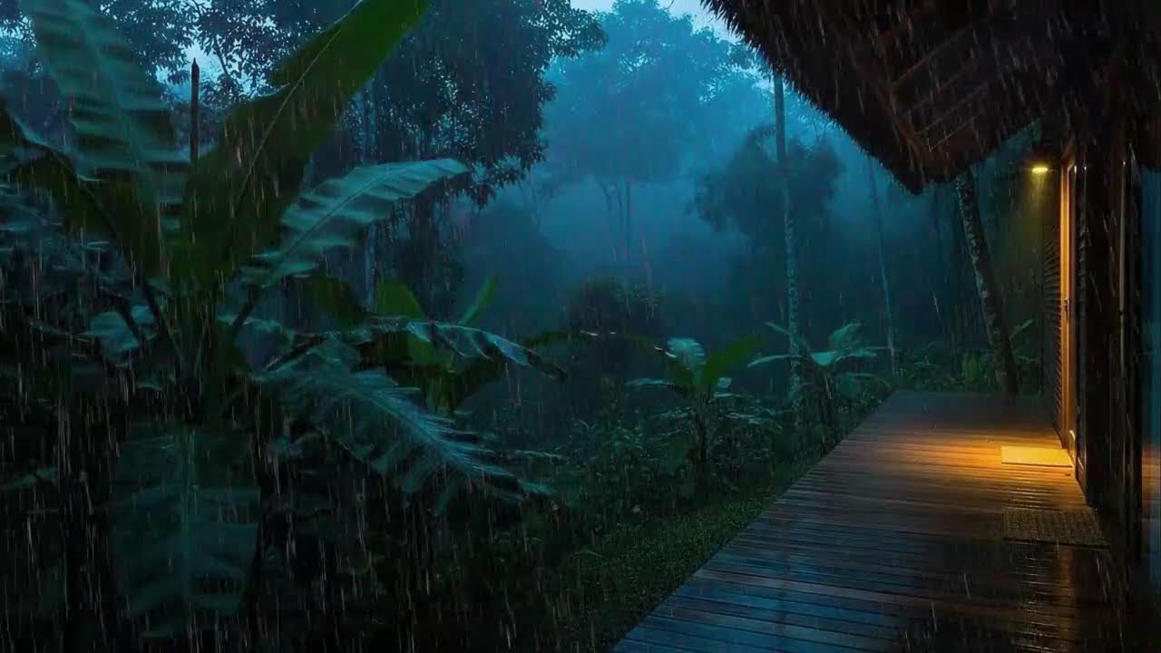 Sleep Faster with Warm Rainfall and Low Thunder Murmur at Wooden Cabin Terrace 🌧️