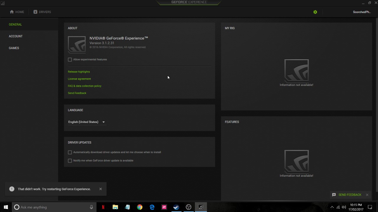 Geforce Experience not working? Not connected to Nvidia, not scanning games?
