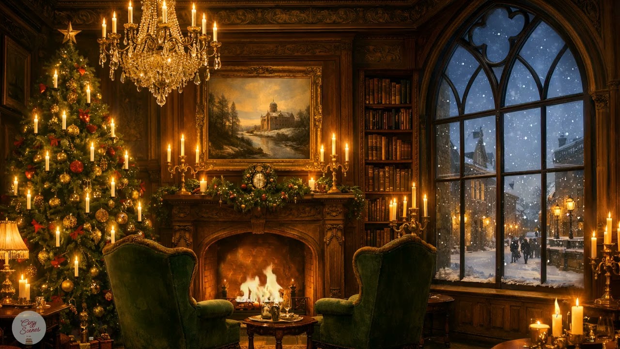Victorian Era Elegant Hotel Lobby in the Winter with Crackling Fire