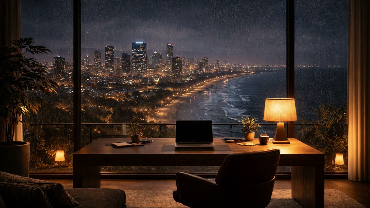 High Rise Apartment at Night City Rain & Soft Jazz for Work and Study 2 hours