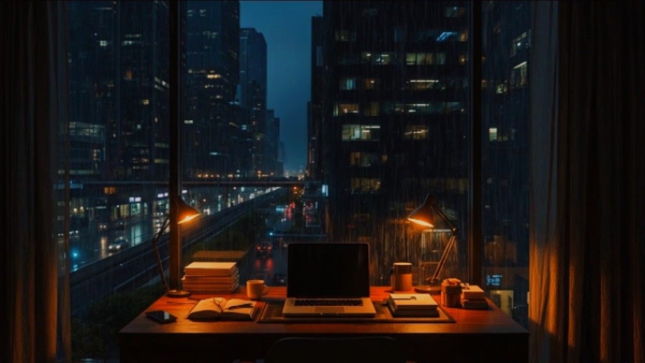 Rainy Night City Window Ambience 🌧️ Cozy Desk Sounds for Sleep, Study & Deep Focus
