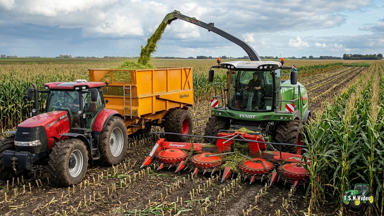 Ma&iuml;s hakselen met Fendt katana 65 en opladen. H. van Oosten Meeden.