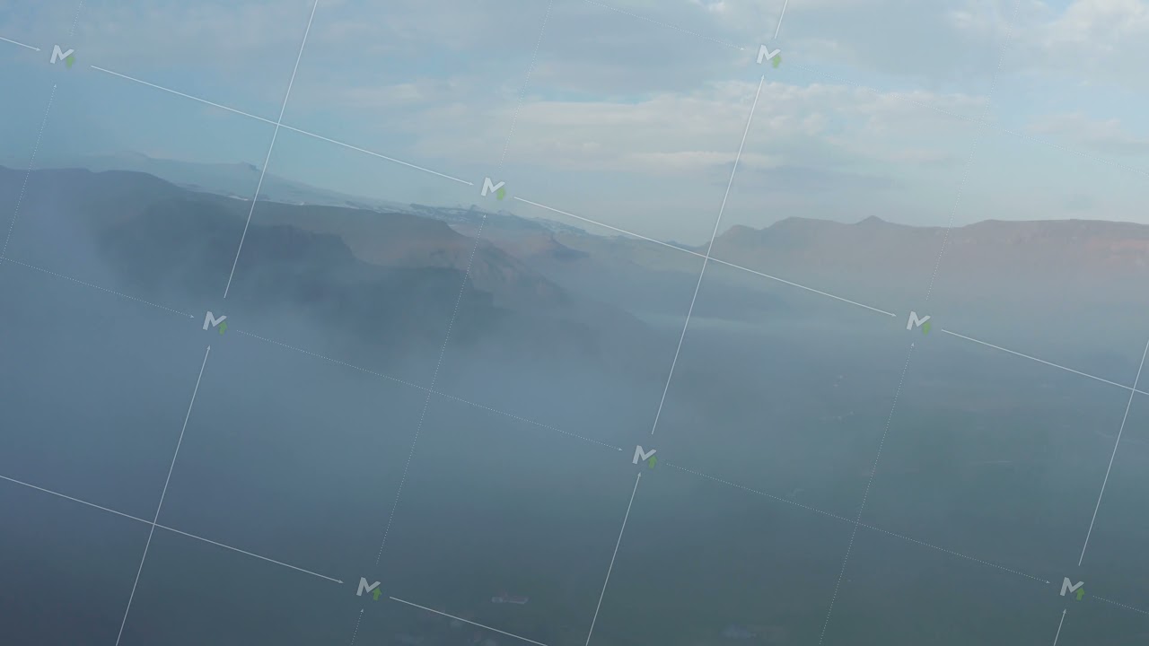Foggy birds eye panorama of highlands in Iceland. Aerial view cloudy and misty northern icelandic