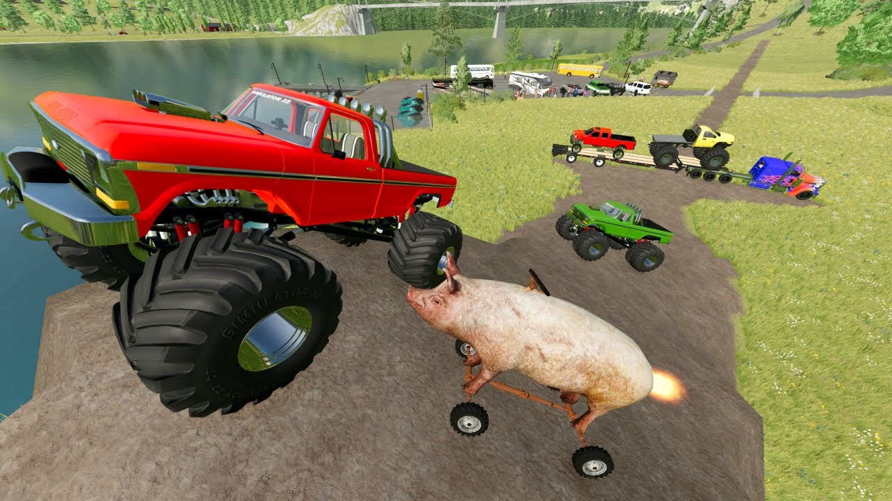 Stuntman Jumps Monster Truck Over Lake and Airplane | Farming Simulator 22