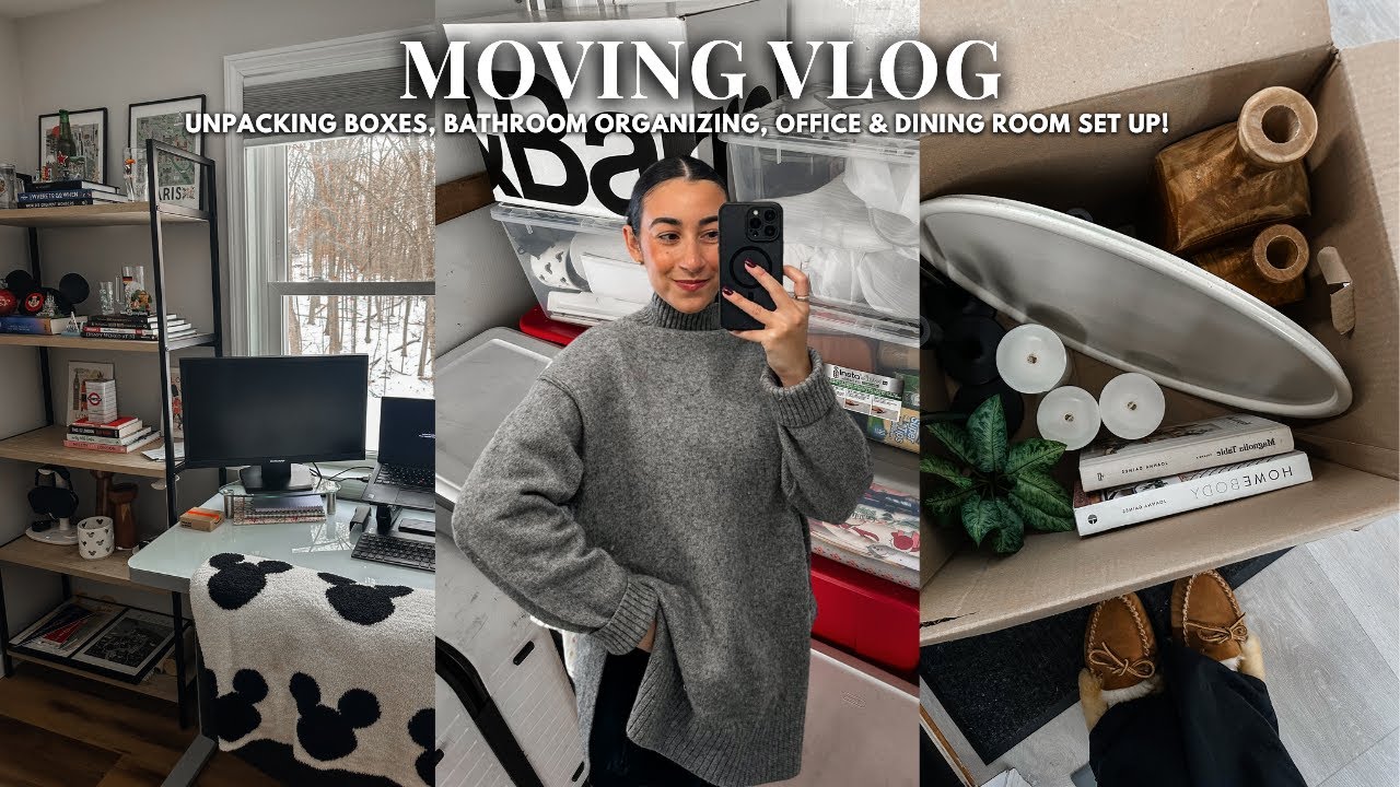 MOVING VLOG - unpacking boxes, bathroom organizing, family time, office & dining room set up! 🏡