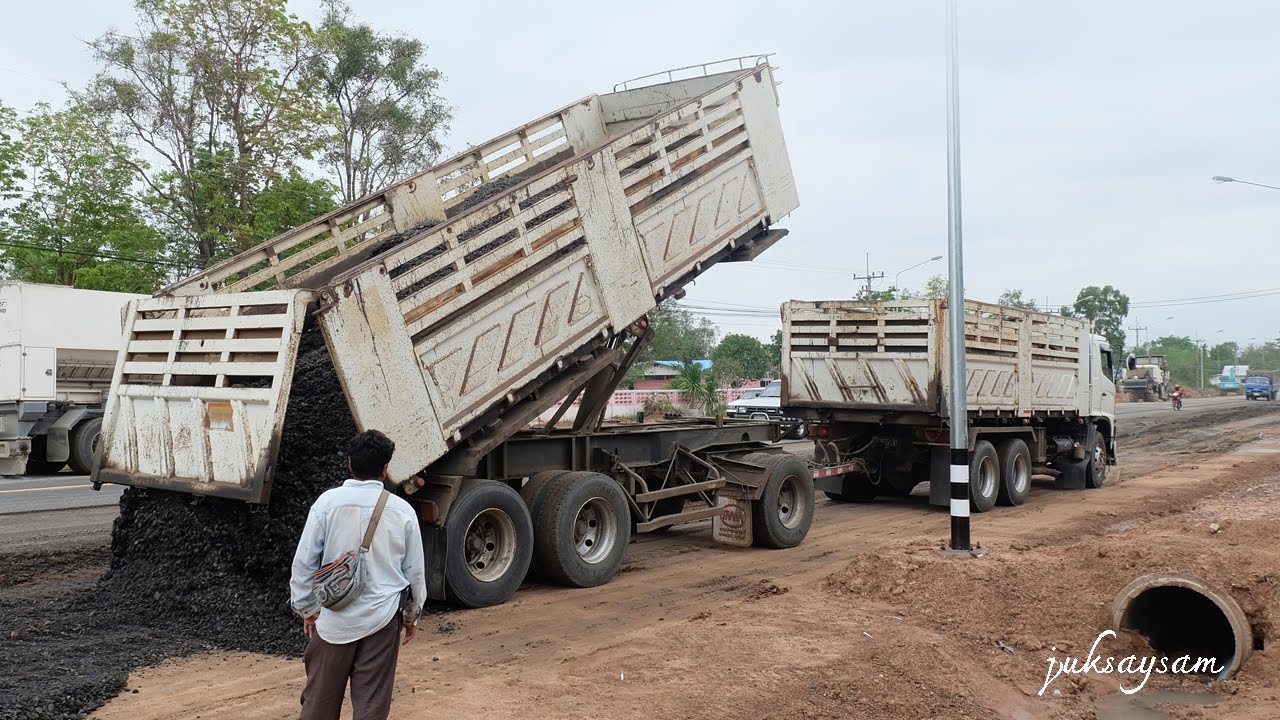 รถพ่วง 18 ล้อดั้มหินคลุก รถพ่วงเทหิน ขนหิน ตีฝาท้ายแบบแรงๆ  DUMP TRUCKS