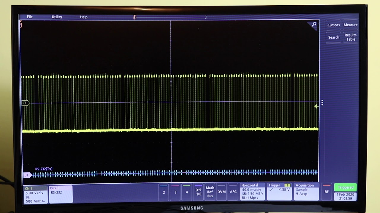 Демонстрация захвата сигнала RS232 на осциллографе Tektronix 3 Series MDO
