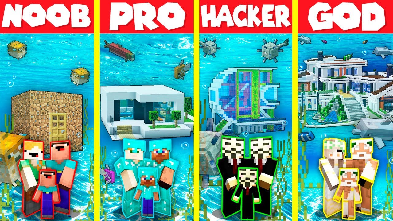 Minecraft Battle: UNDERWATER BASE HOUSE BUILD CHALLENGE - NOOB vs PRO vs HACKER vs GOD / Animation