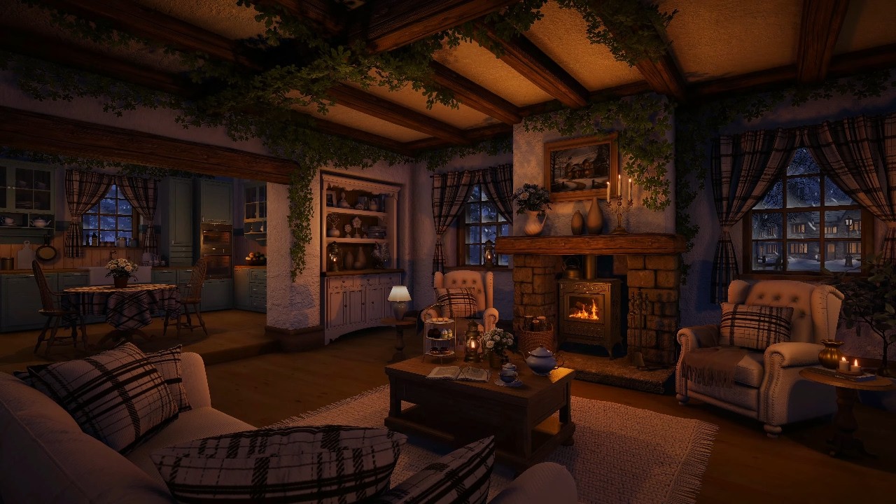 Winter Cottage - Cozy Night Ambience | Fireplace, Soft Snow Wind & Blizzard Sounds