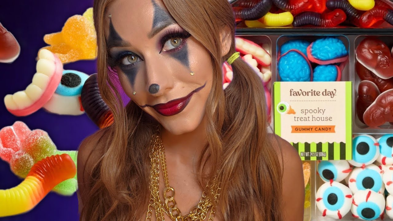 ASMR Trying Spooky Halloween Gummy Candy 🧠🕸🍭 *Mukbang* (up-close eating, mouth sounds)