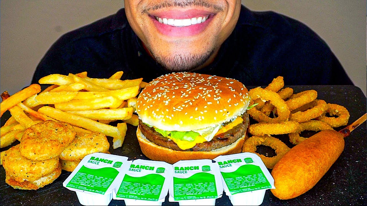 ASMR BURGER KING IMPOSSIBLE WHOPPER CHICKEN NUGGETS CORN DOG FRIES ONION RINGS RANCH EATING JERRY