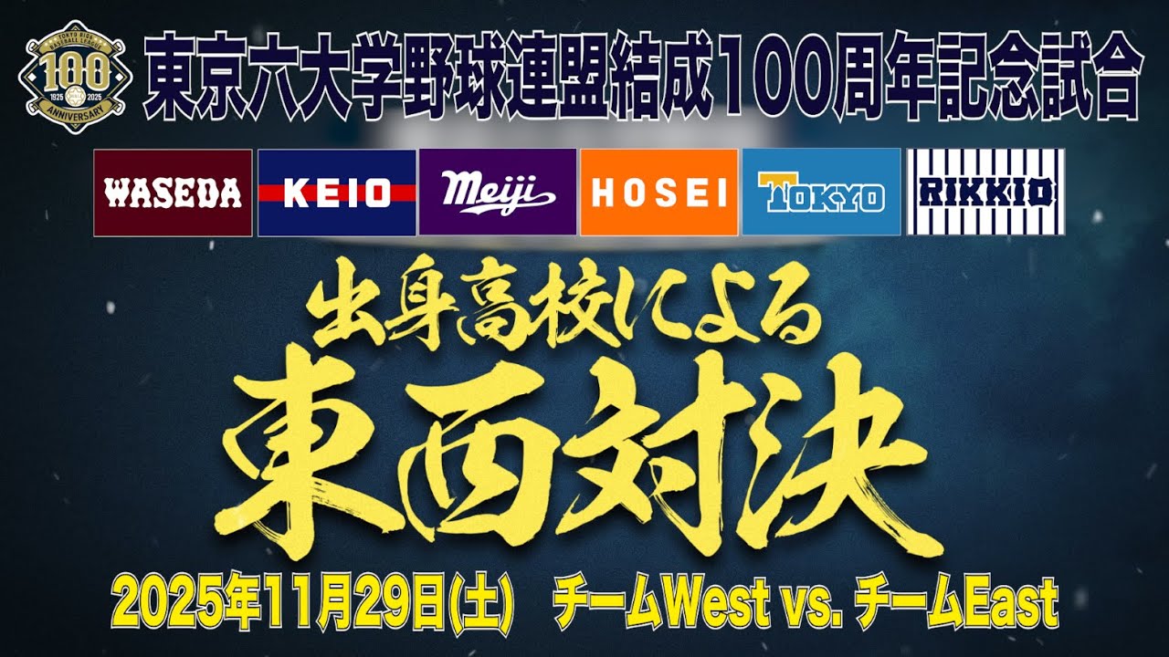 【東京六大学野球連盟 結成100周年 記念試合】チームWest vs チームEast（2025年11月29日(土)）
