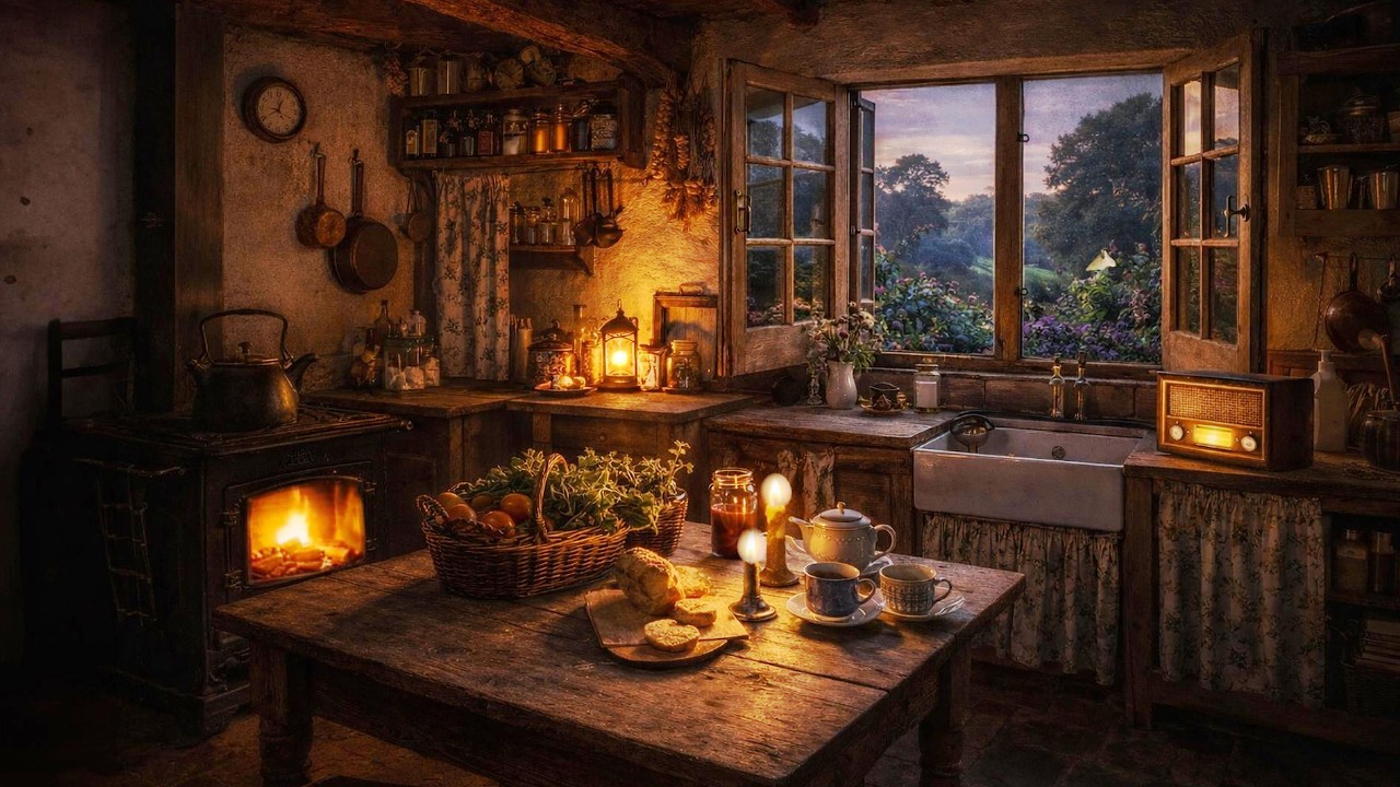 1940s Soft Jazz in a Cottage Kitchen | Warm Firelight & Summer Night Ambience