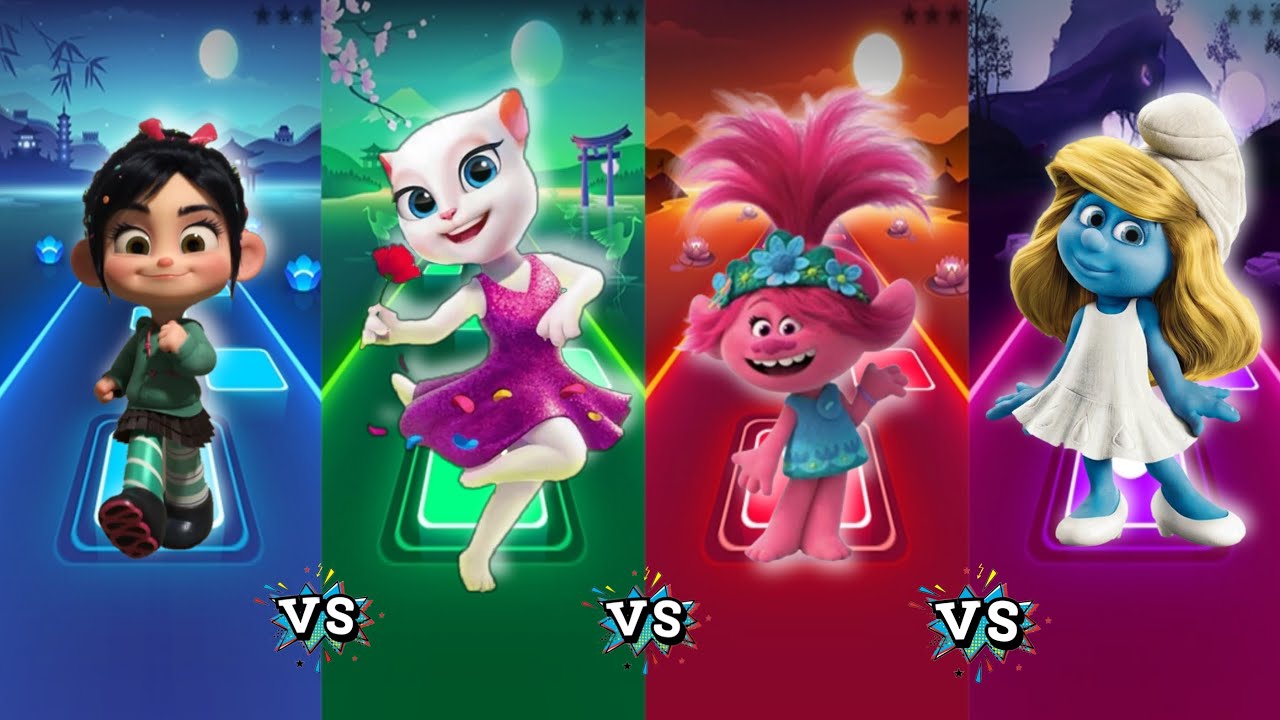 Vanellope von Schweetz vs Talking Angela vs Trolls vs Smurfette || Tiles hop EDM rush