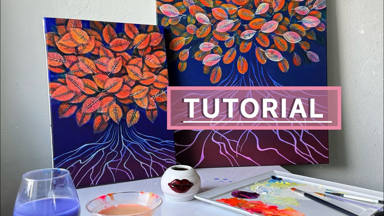 Orange tree painting ideas / Leaf imprints painting / Botanical art / Tree painting / Leaf painting