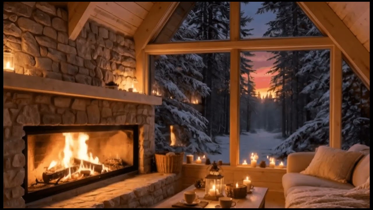 🔥Cozy Cabin Ambience - Snowy Forest and Fireplace Sounds at Night 3 Hours for Sleeping, Relaxation