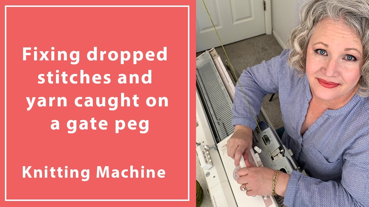 Fixing a dropped stitch and yarn caught on a get peg in machine knitting