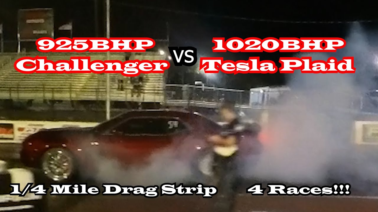 Tesla Plaid drag races 2 highly modified Challengers, Tuned GTR and another Plaid on 1/4 mile strip.