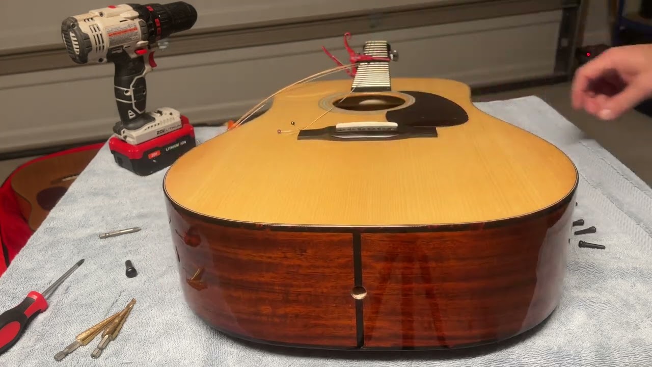 Drilling Strap Jack Hole on an Eastman Acoustic Guitar / Installing an LR Baggs M80