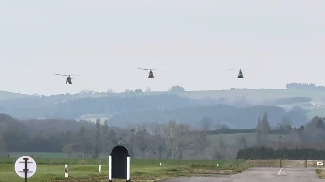 Farewell flypast of Puma helicopters flying through shobdon Airfield
