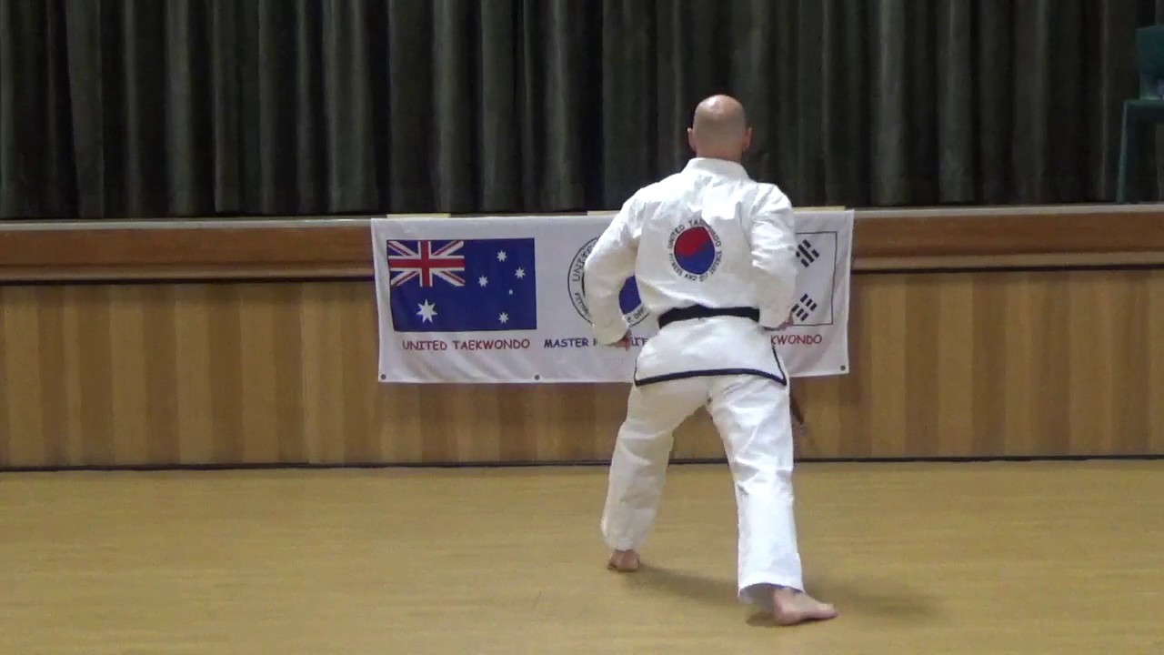 United Taekwondo Chief Instructor Brett performing Saju Jirugi with the right - 10th kup