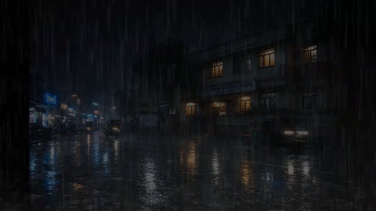 Rainy Night Outside a School in India | Street Traffic in the Rain
