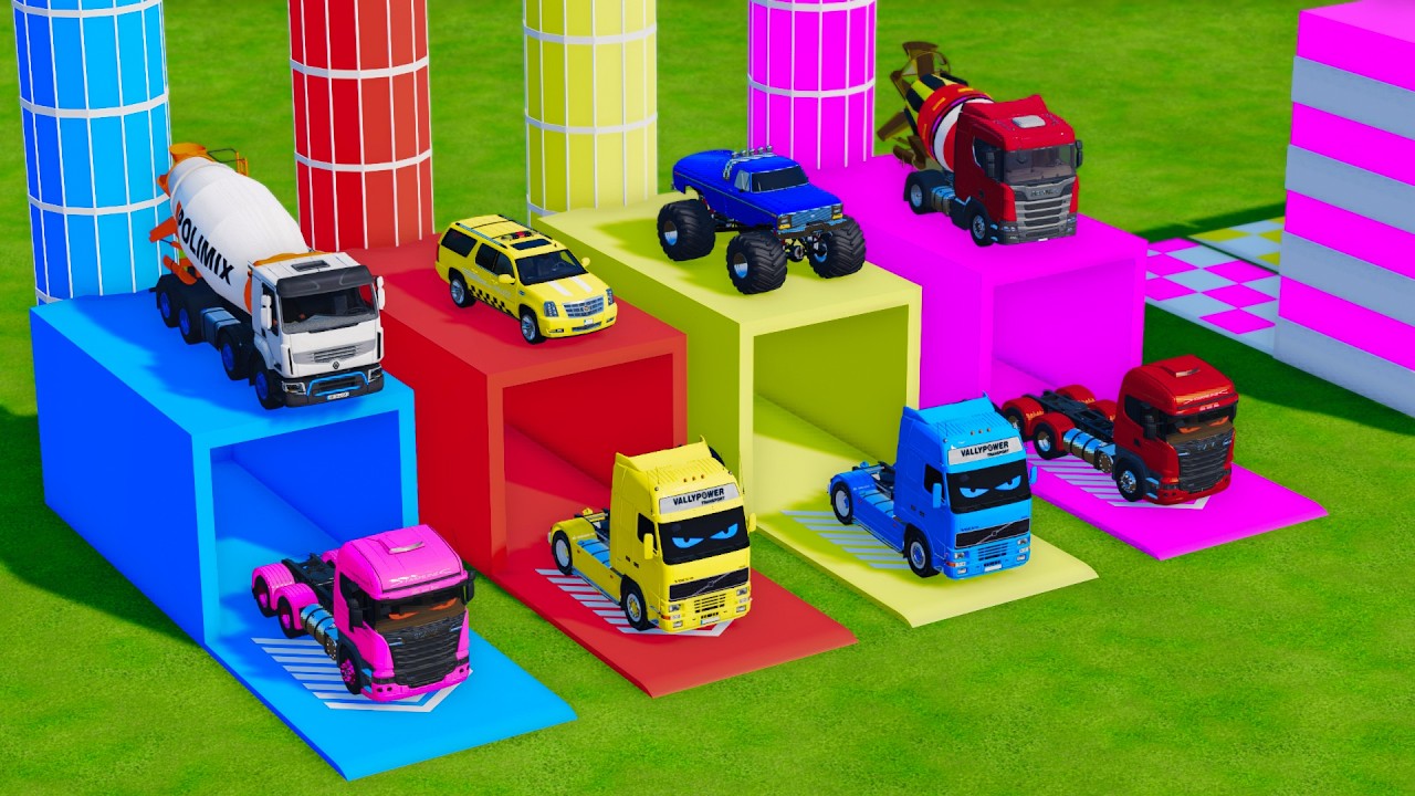 TRANSPORTING ALL CARS, MONSTER TRUCKS, POLICE CARS, CEMENT MIXER TRUCKS WITH A TRAILER TRUCK !! FS22