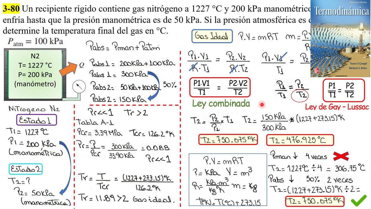 Termodinamica Cengel 3-80 7ma Edic. N2. Gas Ideal. Dan Presion manometrica Hallar T2. ley Gay Lussac