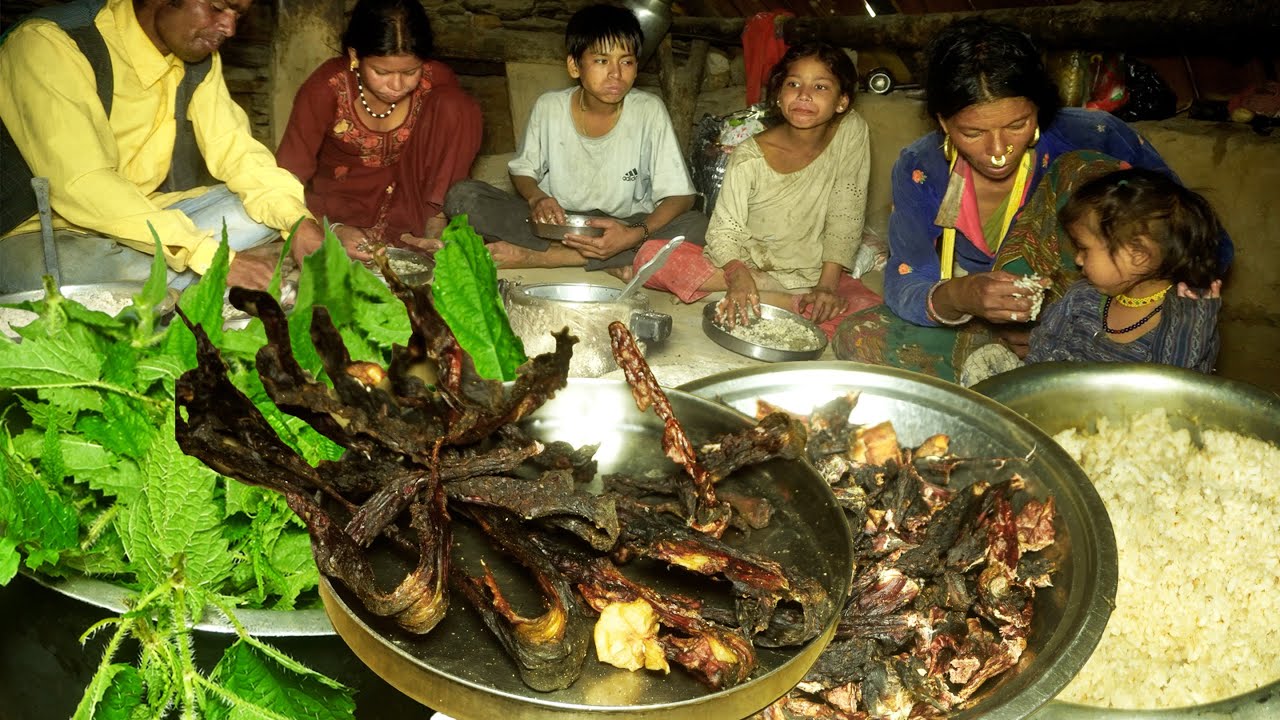 dharme brother's family cook  buff mix nettle curry and enjoying with rice || rural Nepal ||