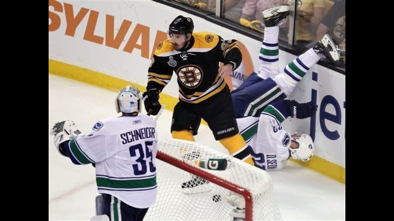 Brad Marchand's HIT on Daniel Sundin causes SCRUM!!! 2011 STANLY CUP FINALS