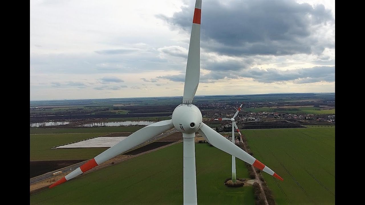 Wind park Egeln from the air with Enercon E-112, Vestas, GE, Fuhrländer wind turbines