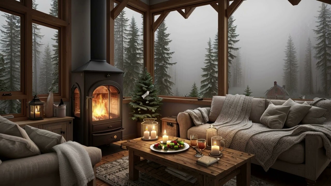 Foggy Winter Day, Cozy Cabin Ambience 🌲❄️ Quiet Nature Sounds and Crackling Fire