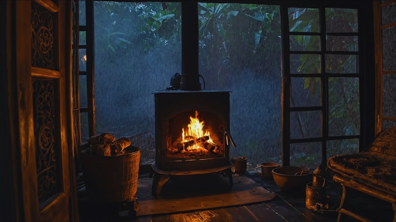 Stormy Rain Night & Warm Fireplace Ambience with Soft Lofi for Deep Sleep | No Talking (2 Hours)