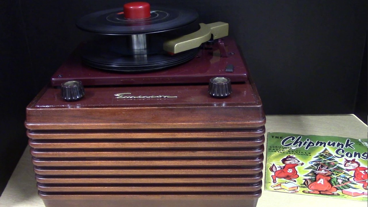 Chipmunk Song (1958) played on an Emerson 623-A 45 RPM record player, (1950) demo for Christmas.