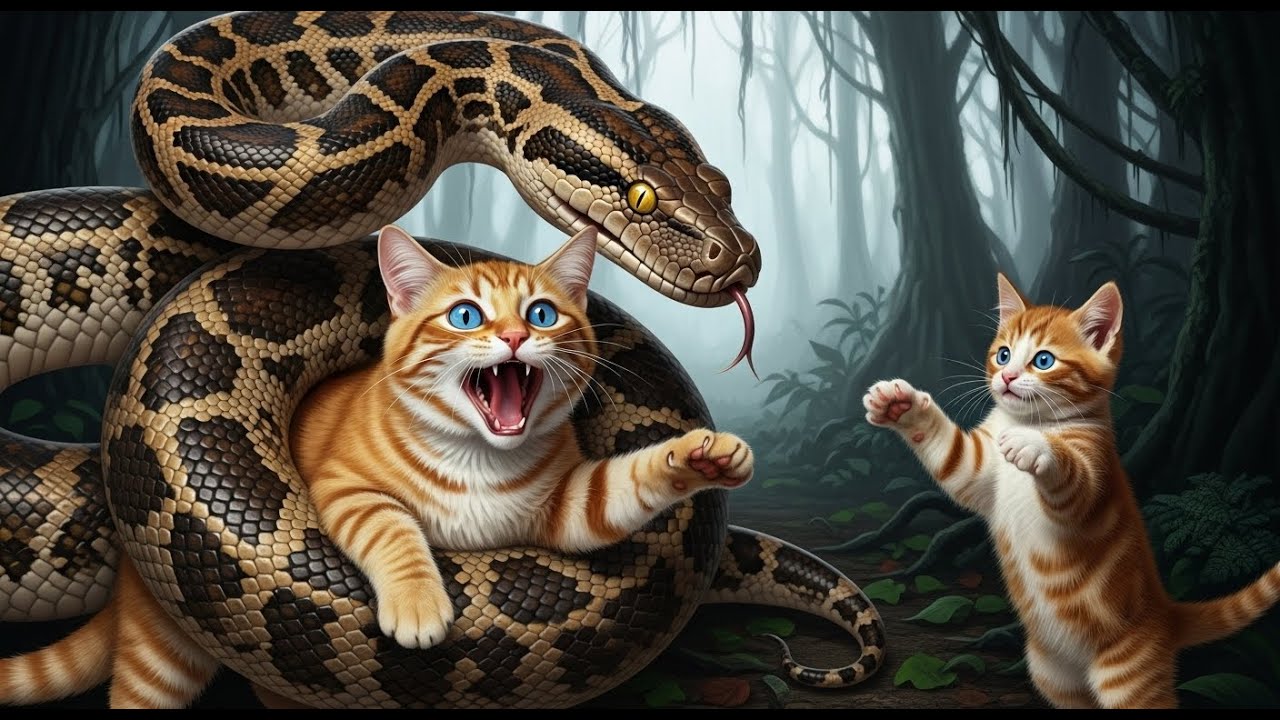 Mama Cat And Kitten | Giant Python Eats Mama Cat I Kitten Risks Life to Save Her | Cute Kitten