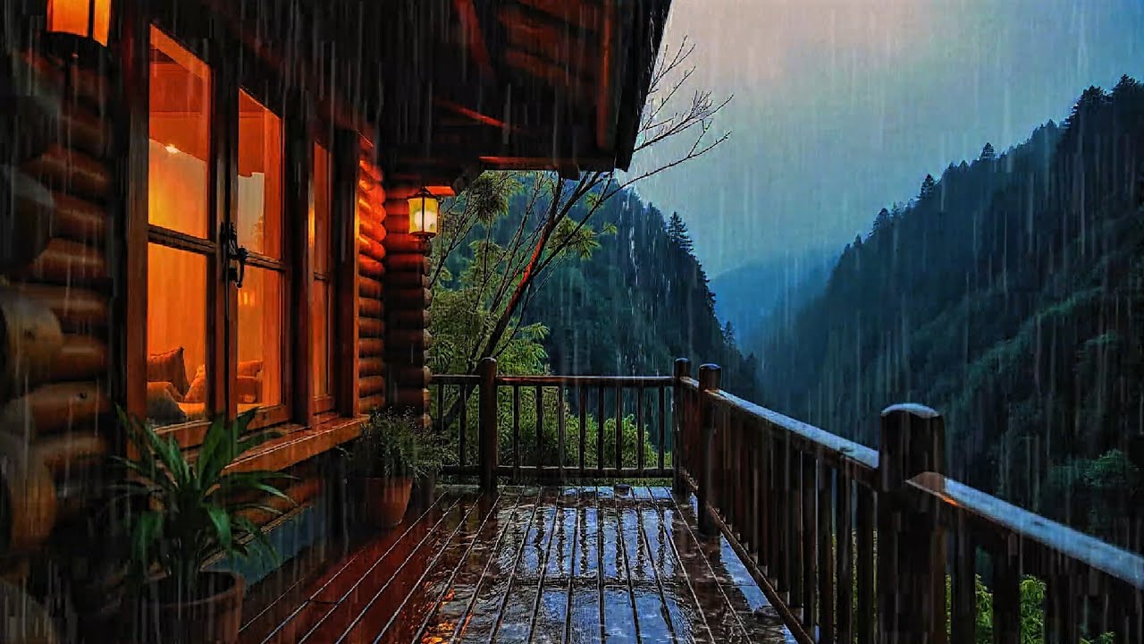 Peaceful Mountain Cabin Balcony Rain at Night | Deep Sleep ASMR (No Thunder)