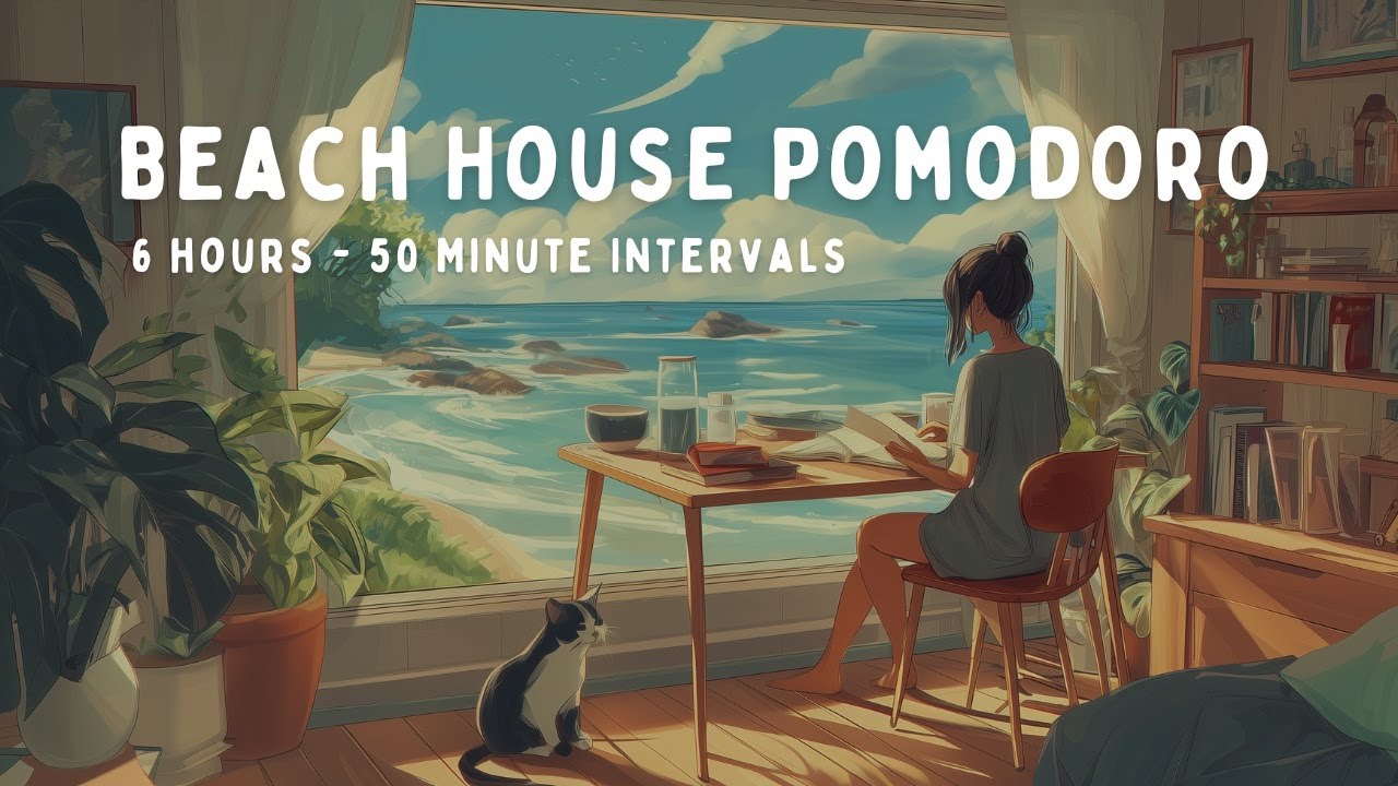 6 Hour Pomodoro | 50 Minute Intervals | Beach House ASMR Ambience with Ocean Waves 🌊🐚