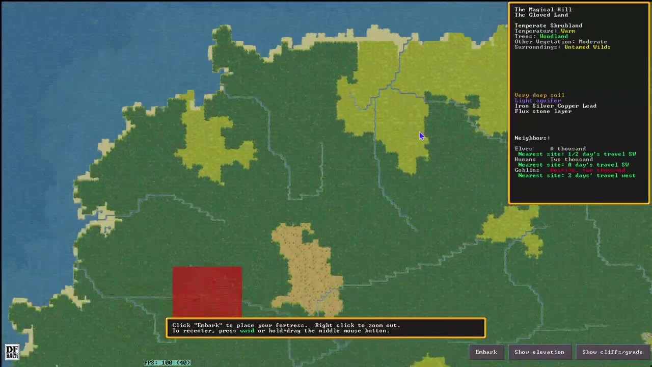 Dwarf Fortress - Leaky Hill 1 - Embark (Hard/Hard, Prepare Carefully, 5x5)