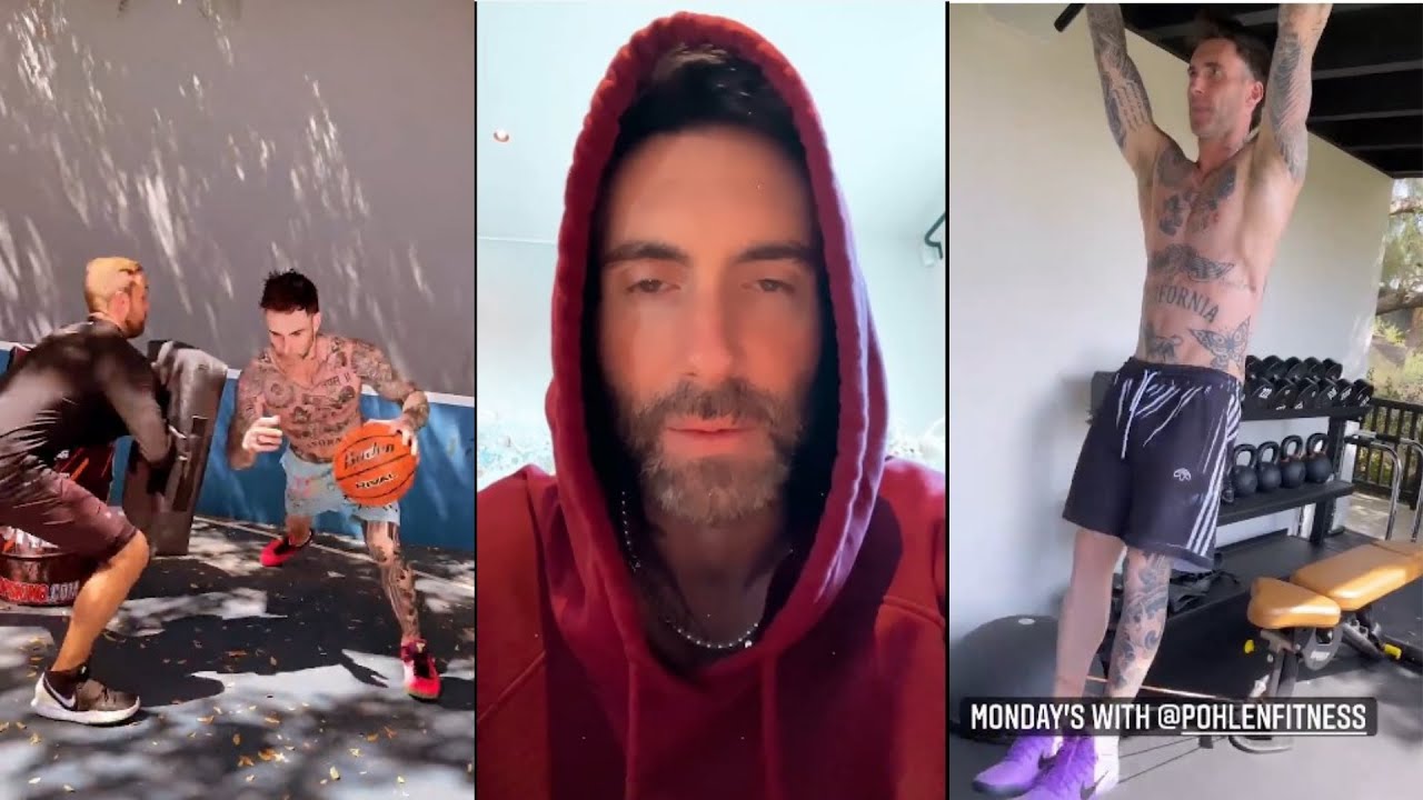 adam levine play Basketball , training and new tattoo ( instagram story replay  )