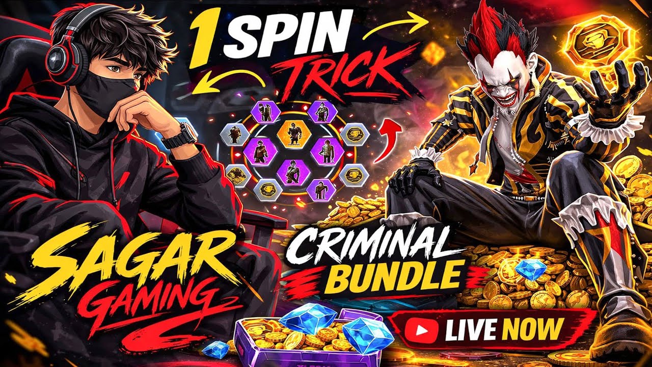 1 Spin Trick RAre GOLDEN CLOWN JOKER Bundle 😱 | Free Fire Luck Royale Trick | Sagar Gaming