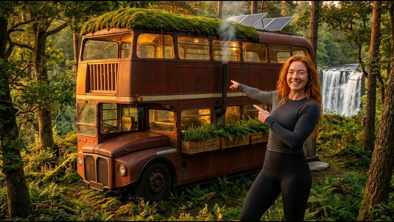 I Turned an Abandoned Double-Decker Bus Into a Hidden Off-Grid Home Overlooking a Majestic Waterfall