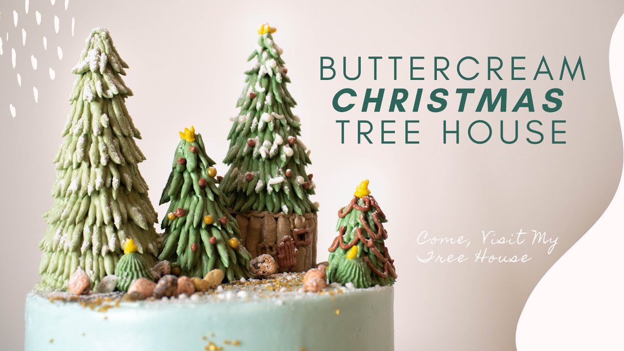 Holiday Buttercream piping tutorial, Christmas tree house decorating tutorial, relaxing holiday cake