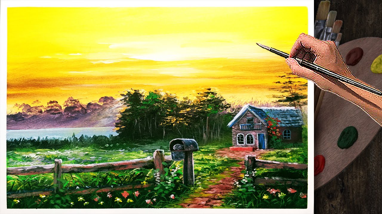 Acrylic Landscape Painting Lesson / Countryside Scene