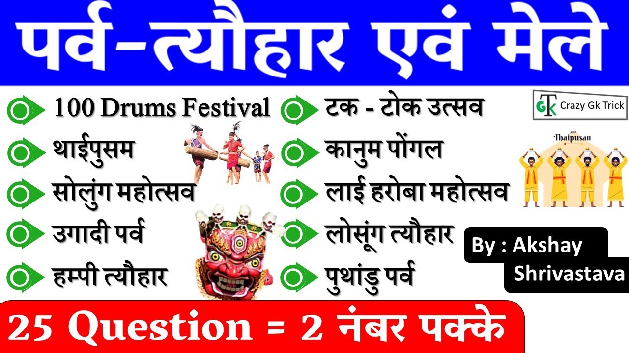 Art & Culture : भारत के प्रमुख पर्व-त्यौहार एवं मेले | Festivals and Fairs | MCQ - By Akshay sir